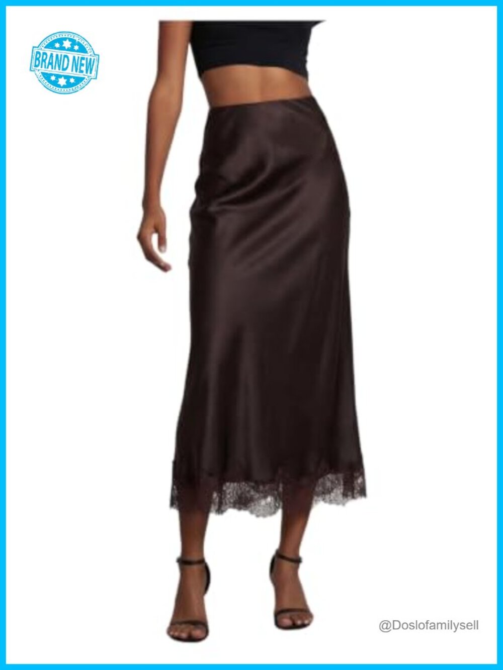 High Waisted Lace Trim Satin A-Line Long Slip Skirt